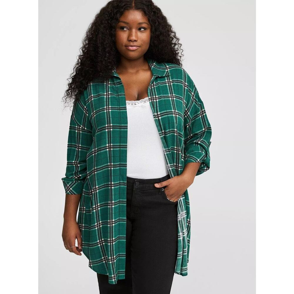 Torrid Oversized Kimono Shirt Asher Stripe Impatiens Green Pink Plaid 1 1X Gauze